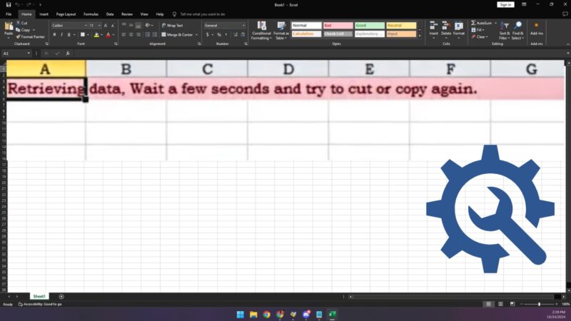 Excel window displaying a message stating "Retrieving data. Wait a few seconds and try to cut or copy again