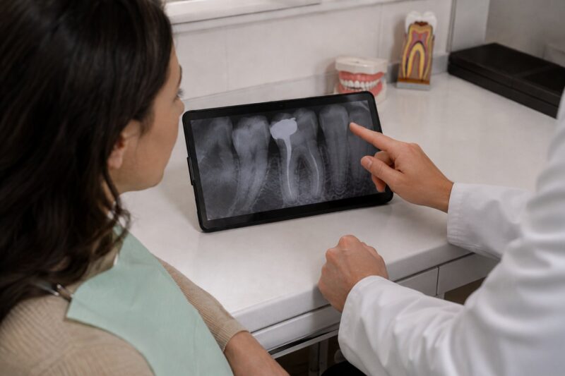 Dentist pointing at a dental X-ray during a consultation.