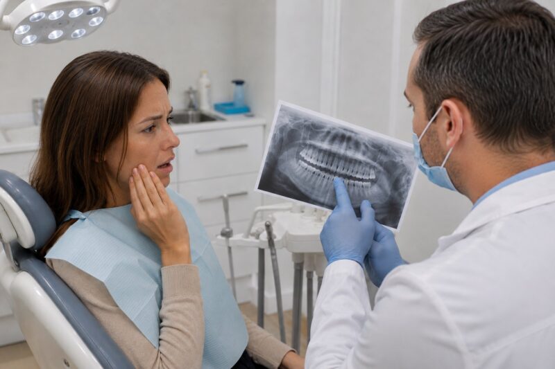 Dentist showing a dental X-ray to a woman with tooth pain.