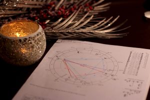 Candlelit astrology birth chart laid out for a reading about Venus, love, and relationship patterns